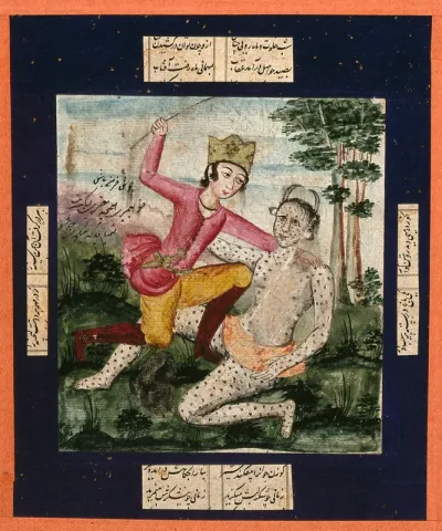 A Persian man beats a div (demon) with a stick