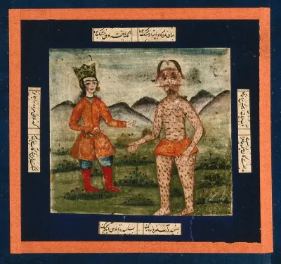 A Persian man stands alongside a div (demon)