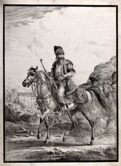 A Persian nobleman/warrior in traditional dress, riding a horse, with two men, also on horse-back, following behind