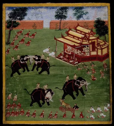 A person of high rank watches an elephant fight along with other spectators