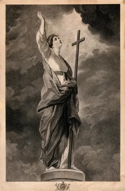 A personification of faith with a cross, standing on a column, looking upwards and raising her right arm