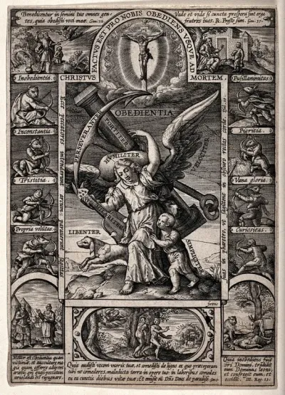A personification of Obedience with her attributes is attacked from the sides by eight vices; above her appears Christ on the cross; (top left) the sacrifice of Isaac; (right) Jacob sends Joseph to his brothers; (below) three examples of disobedience