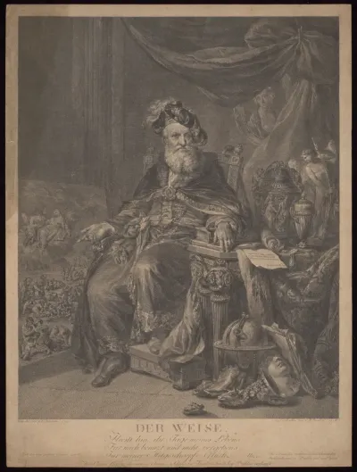 A philosopher and virtuoso seated in an armchair: dissatisfied with his accomplishments, he points to the need for charity to the poor