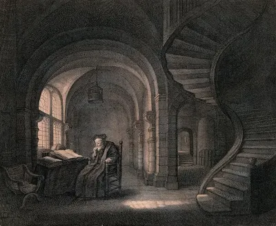 A philosopher seated at a table covered with large folio volumes and a globe; right, a winding staircase