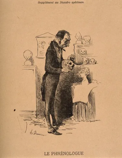 A phrenologist examines two skulls from his collection