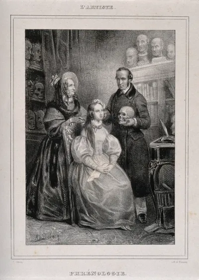 A phrenologist holding a skull palpates a girl's skull, while her mother looks on