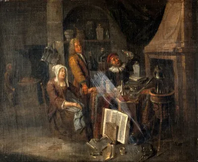 A physician, a woman patient and an alchemist (?)