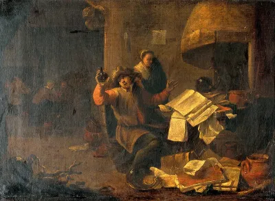 A physician-alchemist examining a urine flask