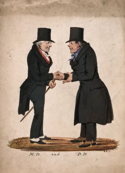 A physician and a divine shaking hands on meeting