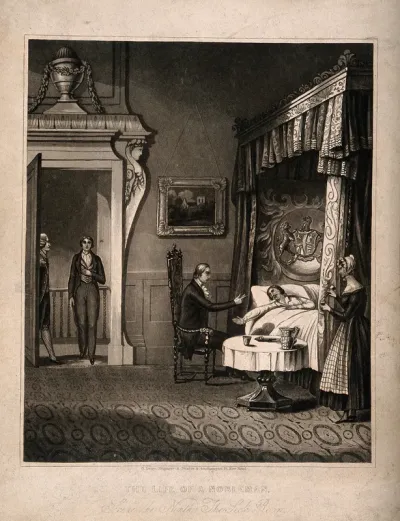 A physician arguing with his wealthy patient who is bed, a visitor appears at the door