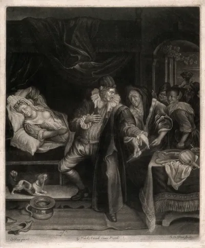 A physician examining a bare breasted female patient, an older woman passes him a syringe, a bawdy couple are in the background