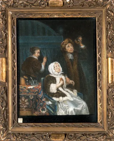 A physician examining a flask of urine supplied by a young woman who holds her hand to her heart
