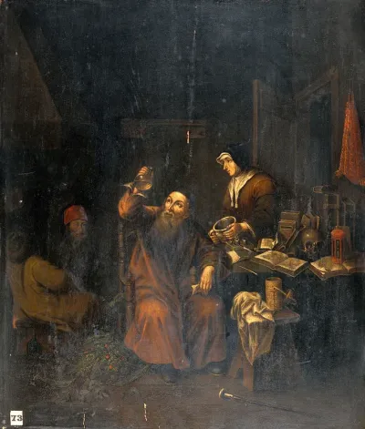 A physician examining a urine-flask brought by a woman