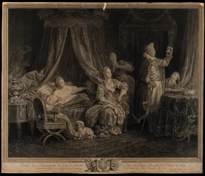 A physician examining a urine flask of a scantily dressed attractive woman who is in bed surrounded by her mother, lover and servant
