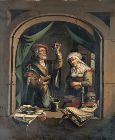 A physician examining a urine flask