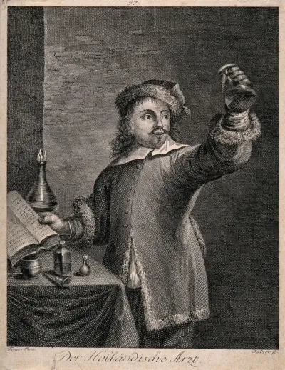 A physician examining a urine specimen and referring to a book