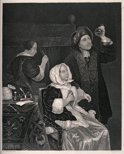A physician examining a urine specimen and taking the pulse of a sick woman