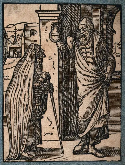 A physician examining a urine specimen, brought to him by an elderly woman