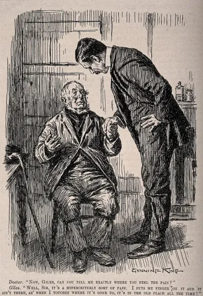 A physician examining an elderly patient in his surgery