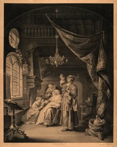 A physician gazing in amazement at a urine sample of an elderly female patient who is seated near him in a richly furnished room