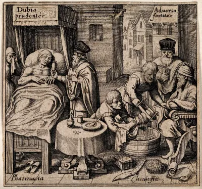 A physician giving a medicine to a sick man in bed, and a surgeon, supervised by a physician, amputating the leg of seated patient, representing pharmacy and surgery respectively