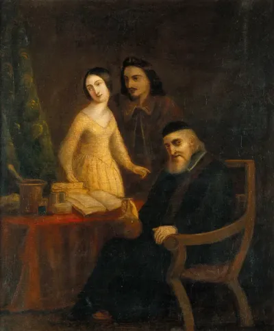 A physician holding a urine flask in the presence of a young woman and man
