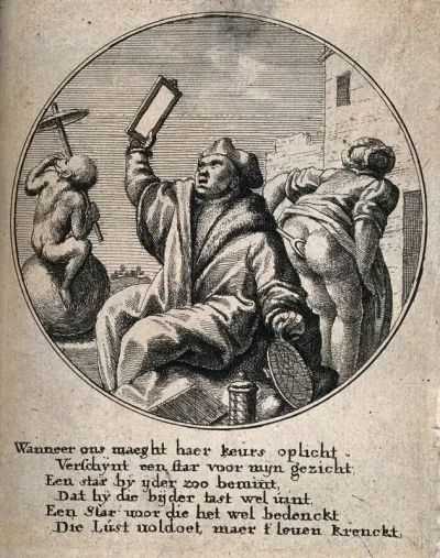 A physician holding an astronomical instrument looks into a mirror to observe the backside of a woman who inserts a speculum between her buttocks; right, an ape