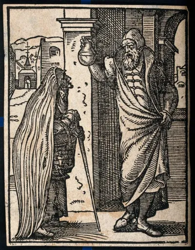 A physician holding up a flask of urine for an old lady holding a basket and walking stick