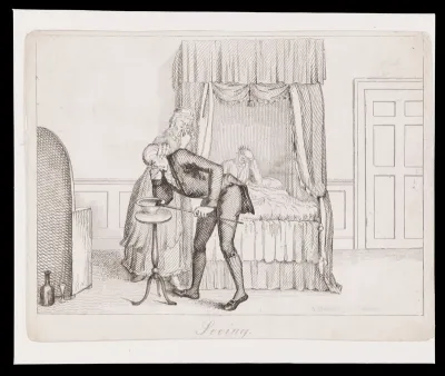 A physician holds his nose as he examines the faeces of a patient