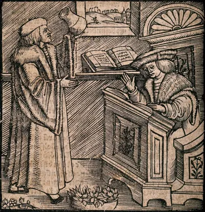 A physician holds up a urine flask to the light, while another scholar reads the properties of urine from a book