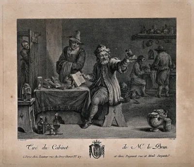 A physician, in his surgery and workshop, examining a urine flask and referring to a book