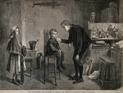 A physician in his surgery examining a little boy's tongue, his sister waits for him holding a large umbrella