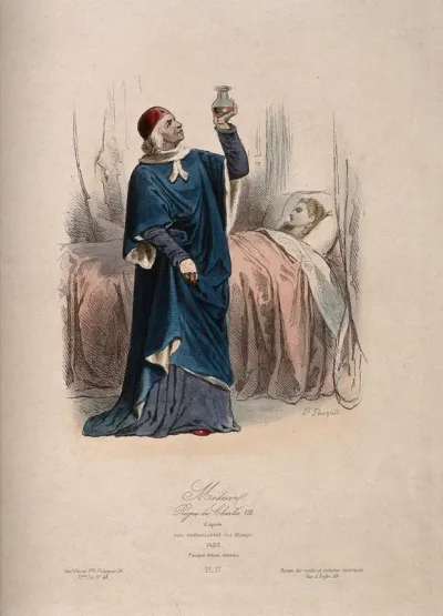 A physician in traditional costume examining urine in a flask, the young female patient is in bed, France 14--