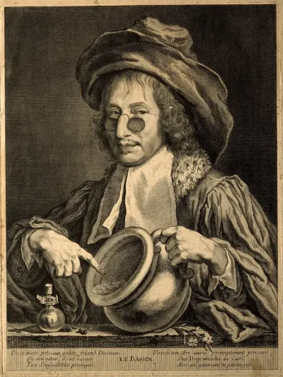 A physician pointing to a chamber pot