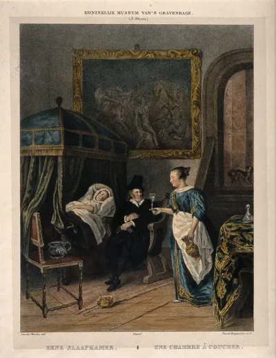 A physician receiving a glass from a female servant while visiting a young female patient who is in bed