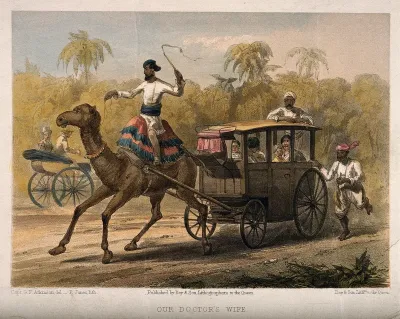 A physician's wife and family in a carriage drawn by a camel ridden by a servant: suggesting the social importance of the physician, India (?)