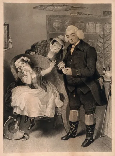 A physician stirring medicine in a cup which is refused by a repulsed little girl, her mother stands behind her smiling