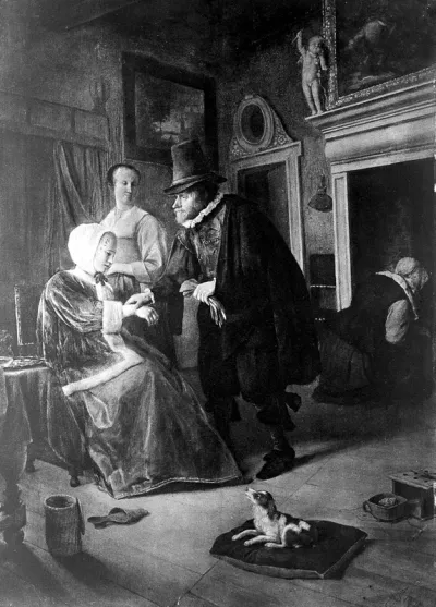 A physician taking a young woman's pulse, her mother is standing behind them, a basket for a urine flask is on the floor