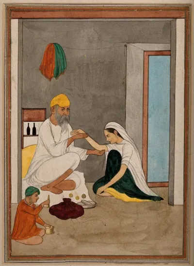 A physician taking the pulse of a woman