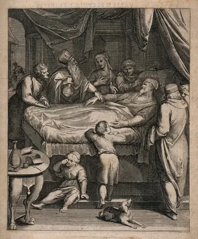 A physician taking the pulse of and examining the urine of a sick old man, he is surrounded by his concerned family