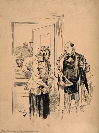 A physician talking to his patient's wife on his way out after visiting him