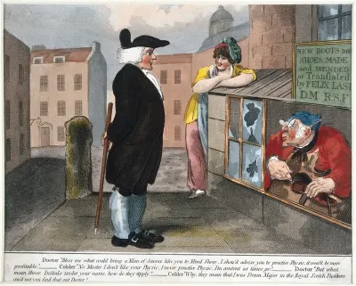 A physician thinking that a cobbler's use of the title "D.M." means that he is a Doctor of Medicine