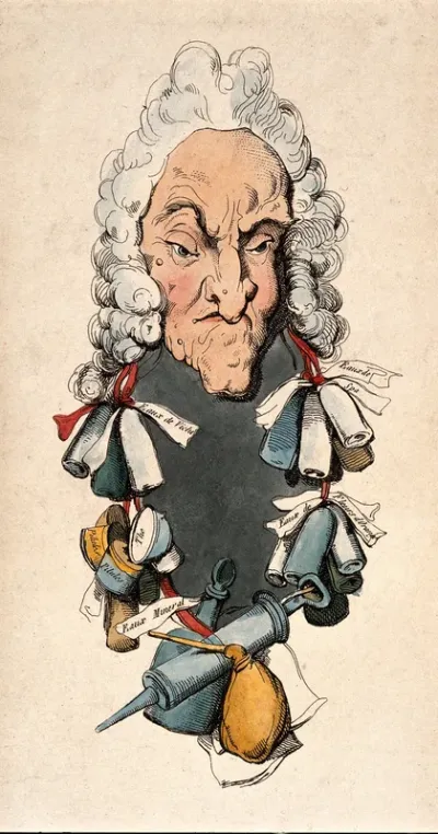 A physician with a garland of bottles, pill boxes and a clyster-pipe