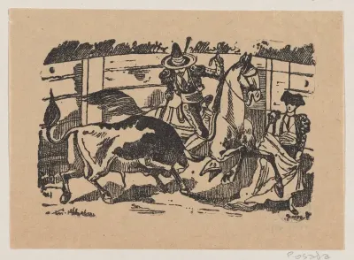 A picador on horseback stabbing a bull