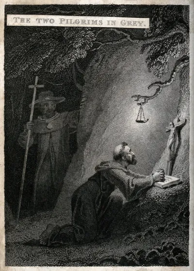 A pilgrim discovers a monk at night who kneels in prayer before the Cross