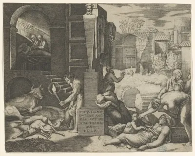 A plague scene at right, a man at left holding a torch illuminating part of the scene at left, sick people at the right