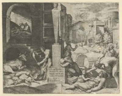 A plague scene at right, a man at left holding a torch illuminating part of the scene, ill people at the right