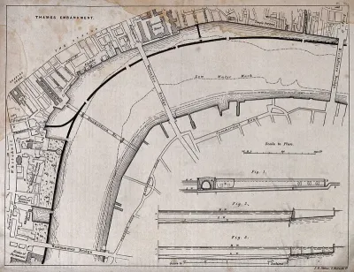 A plan of the Thames Embankment, from Blackfriars Bridge to Westminster Bridge, with sections at three points
