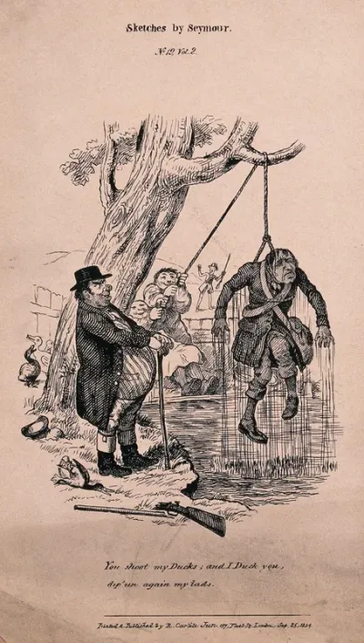 A poacher is ducked in a pond by a landowner as a punishment for shooting ducks