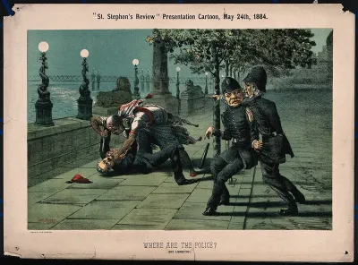 A policeman (Granville George Leveson-Gower, 2nd Earl Granville) restrains another policeman (Gladstone) from interfering in a fight between the Mahdi and General Gordon next to Cleopatra's Needle on the River Thames